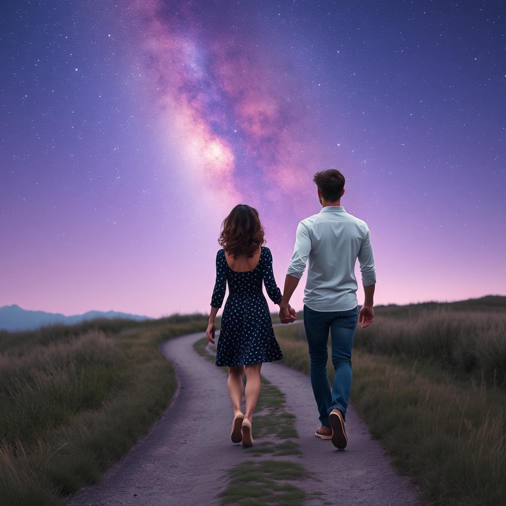 A romantic couple walking hand in hand down a peaceful, winding path under an enchanting lilac sky with stars, capturing a dreamy and magical atmosphere