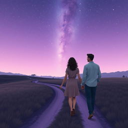 A romantic couple walking hand in hand down a peaceful, winding path under an enchanting lilac sky with stars, capturing a dreamy and magical atmosphere