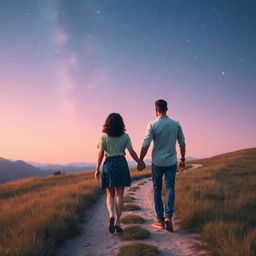 A romantic couple walking hand in hand down a peaceful, winding path under an enchanting lilac sky with stars, capturing a dreamy and magical atmosphere