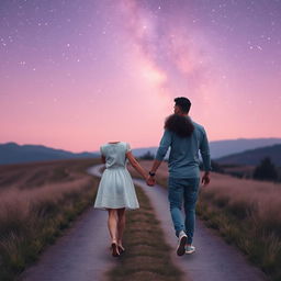 A romantic couple walking hand in hand down a peaceful, winding path under an enchanting lilac sky with stars, capturing a dreamy and magical atmosphere