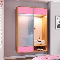 A modern wall-mounted wardrobe designed for a teenager's room, featuring sleek, minimalist lines and a contemporary design