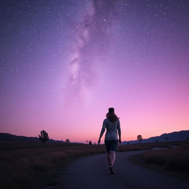 A couple walking hand in hand on a quiet winding path under a stunning star-filled sky