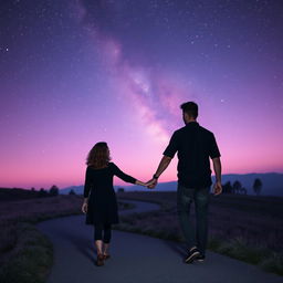 A couple walking hand in hand on a quiet winding path under a stunning star-filled sky