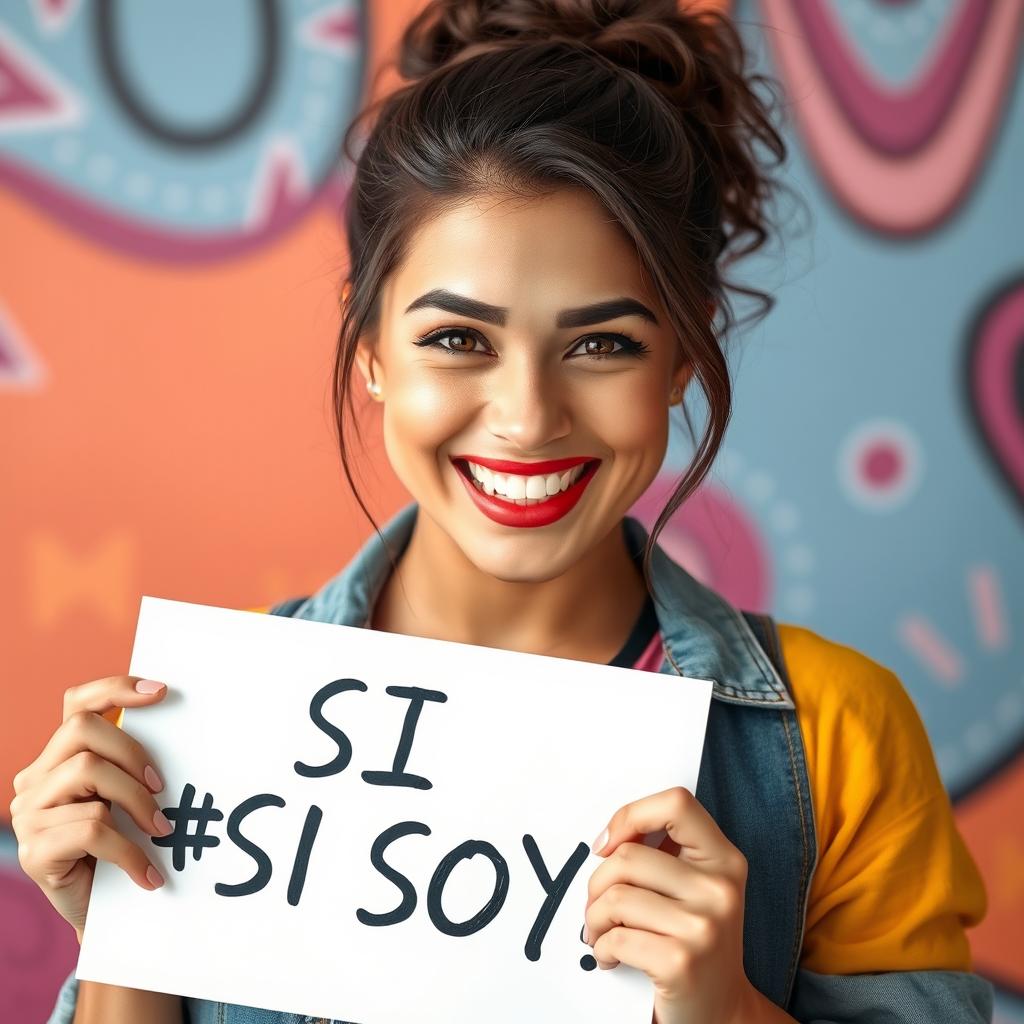 A confident young woman holding a sign that reads '¡SI SOY!' with a bright smile