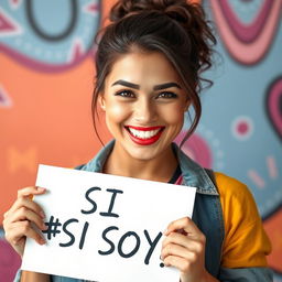 A confident young woman holding a sign that reads '¡SI SOY!' with a bright smile