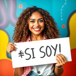 A confident young woman holding a sign that reads '¡SI SOY!' with a bright smile