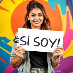 A confident young woman holding a sign that reads '¡SI SOY!' with a bright smile