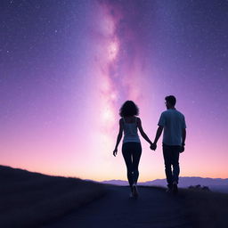 A magical scene of a couple walking hand in hand on a tranquil winding path under an enchanting twilight sky filled with shimmering stars