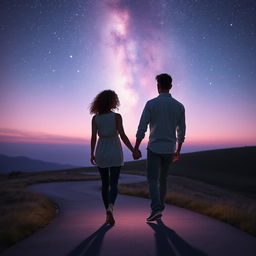 A magical scene of a couple walking hand in hand on a tranquil winding path under an enchanting twilight sky filled with shimmering stars