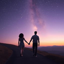 A magical scene of a couple walking hand in hand on a tranquil winding path under an enchanting twilight sky filled with shimmering stars