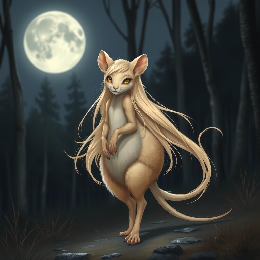 A blonde female wererat, standing gracefully in a moonlit forest clearing