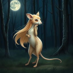 A blonde female wererat, standing gracefully in a moonlit forest clearing