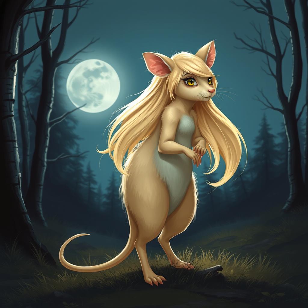 A blonde female wererat, standing gracefully in a moonlit forest clearing