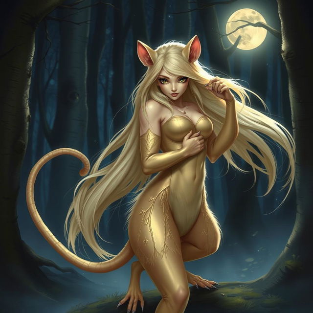 A blonde female wererat, posing with a graceful and commanding presence in a secluded moonlit forest