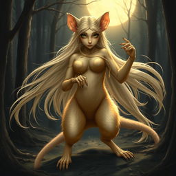 A blonde female wererat, posing with a graceful and commanding presence in a secluded moonlit forest