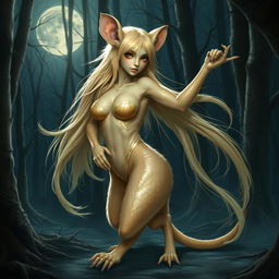 A blonde female wererat, posing with a graceful and commanding presence in a secluded moonlit forest