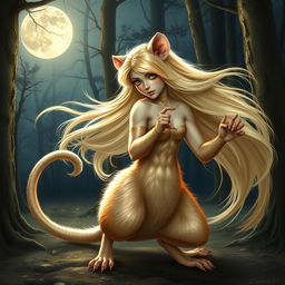 A blonde female wererat, posing with a graceful and commanding presence in a secluded moonlit forest