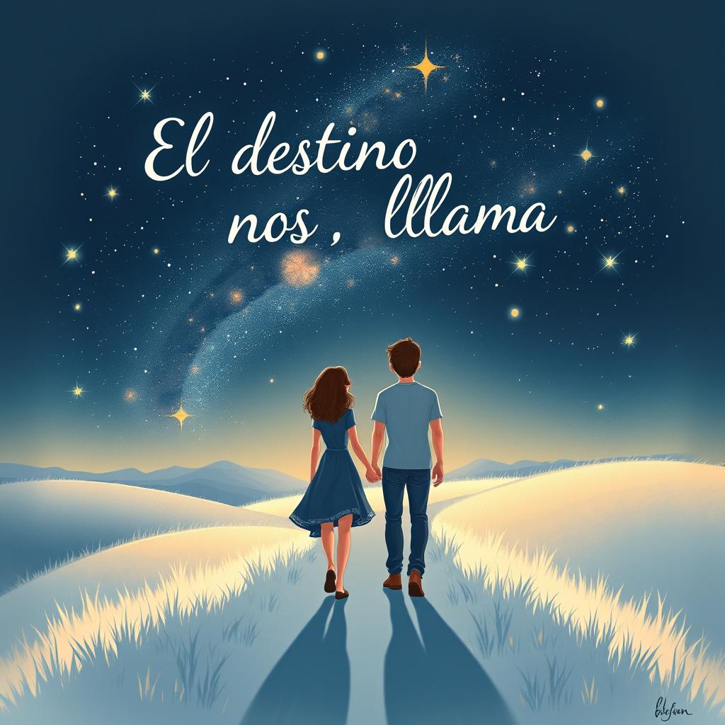 A magical book cover titled "El destino nos llama" featuring a couple walking hand-in-hand along a tranquil, winding path under a spectacular starry night sky