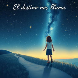 A magical book cover titled "El destino nos llama" featuring a couple walking hand-in-hand along a tranquil, winding path under a spectacular starry night sky