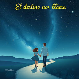 A magical book cover titled "El destino nos llama" featuring a couple walking hand-in-hand along a tranquil, winding path under a spectacular starry night sky