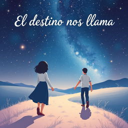 A magical book cover titled "El destino nos llama" featuring a couple walking hand-in-hand along a tranquil, winding path under a spectacular starry night sky