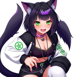 An anime-style 27-year-old female nekomata VTuber, characterized by her two tails and short black hair featuring purple highlights