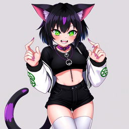 An anime-style 27-year-old female nekomata VTuber, characterized by her two tails and short black hair featuring purple highlights