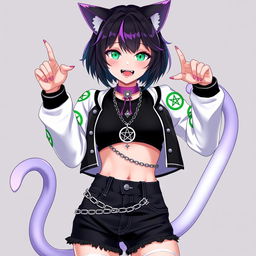 An anime-style 27-year-old female nekomata VTuber, characterized by her two tails and short black hair featuring purple highlights