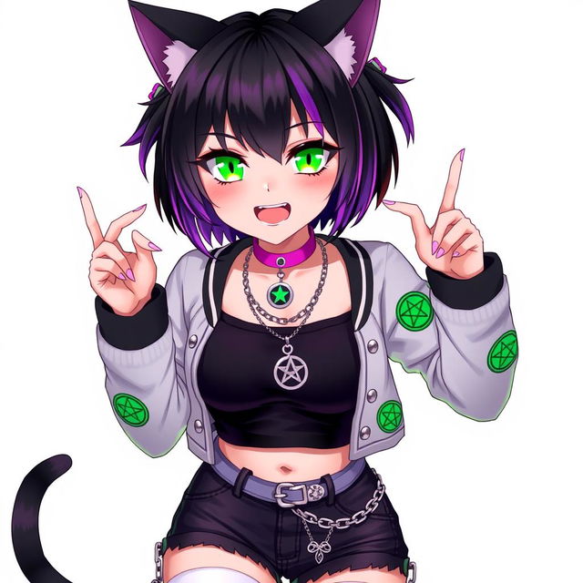 An anime-style 27-year-old female nekomata VTuber, characterized by her two tails and short black hair featuring purple highlights