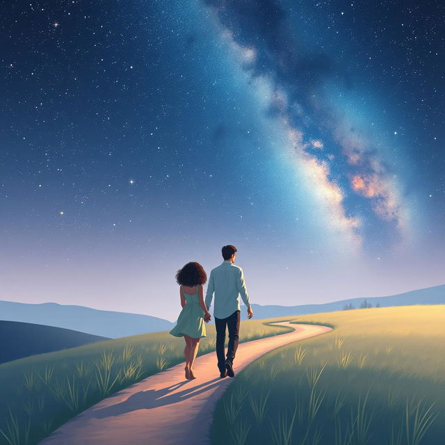 A romantic scene with a couple walking hand in hand along a tranquil winding path under a breathtaking starry night sky