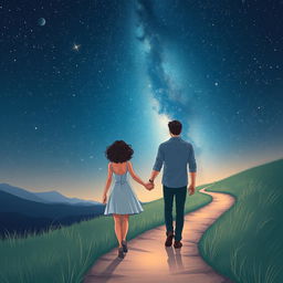 A romantic scene with a couple walking hand in hand along a tranquil winding path under a breathtaking starry night sky