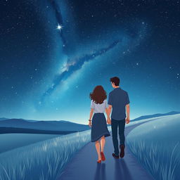 A romantic scene with a couple walking hand in hand along a tranquil winding path under a breathtaking starry night sky