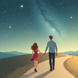 A romantic scene with a couple walking hand in hand along a tranquil winding path under a breathtaking starry night sky