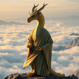 A Dragonborn monk with shimmering gold scales, standing in a serene meditation pose at the peak of a misty mountain