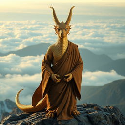 A Dragonborn monk with shimmering gold scales, standing in a serene meditation pose at the peak of a misty mountain