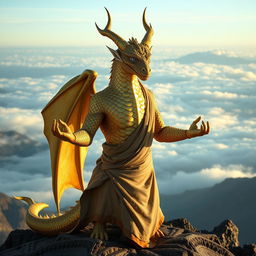 A Dragonborn monk with shimmering gold scales, standing in a serene meditation pose at the peak of a misty mountain