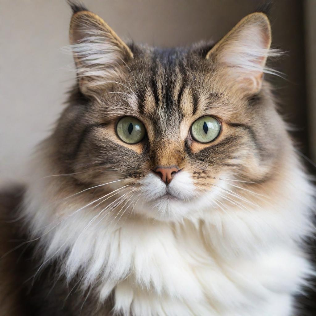 A fluffy, playful domestic cat with bright, attentive eyes and a bushy tail.