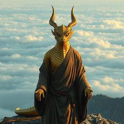 A Dragonborn monk with shimmering gold scales, standing in a serene meditation pose at the peak of a misty mountain