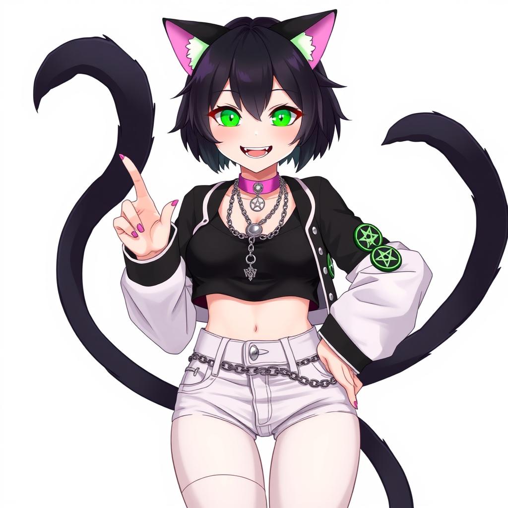 An anime style illustration of a 27-year-old female nekomata VTuber with two black tails