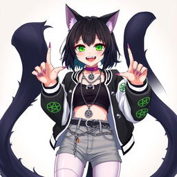 An anime style illustration of a 27-year-old female nekomata VTuber with two black tails