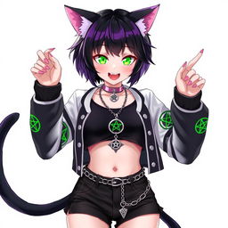 An anime style illustration of a 27-year-old female nekomata VTuber with two black tails