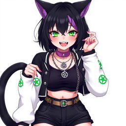 An anime style illustration of a 27-year-old female nekomata VTuber with two black tails