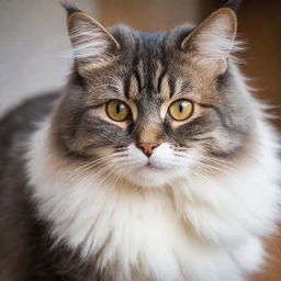 A fluffy, playful domestic cat with bright, attentive eyes and a bushy tail.