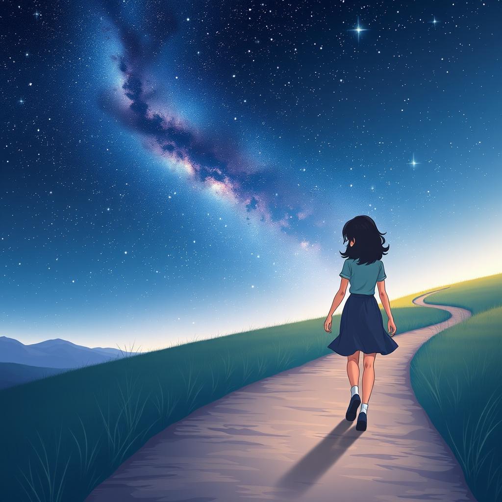 A magical and dreamy scene of a couple walking hand in hand along a winding path under a stunning starry night sky