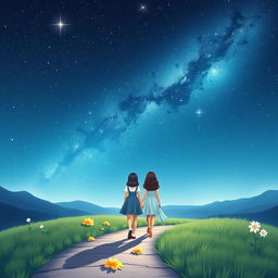 A magical and dreamy scene of a couple walking hand in hand along a winding path under a stunning starry night sky