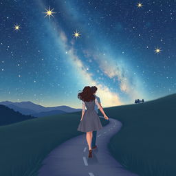 A magical and dreamy scene of a couple walking hand in hand along a winding path under a stunning starry night sky