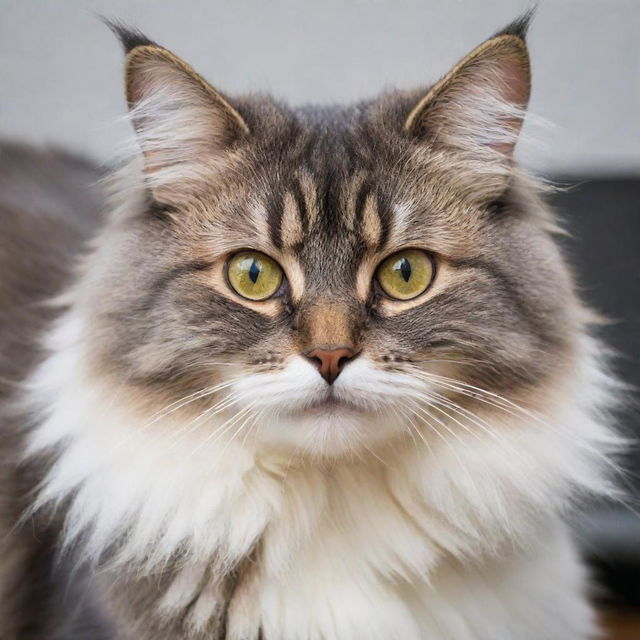 A fluffy, playful domestic cat with bright, attentive eyes and a bushy tail.