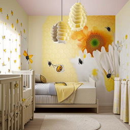 A child's room interior decor themed around pollination, featuring wall murals of colorful flowers, bee patterned bedsheets, butterfly curtains, and lampshades designed like honeycombs.