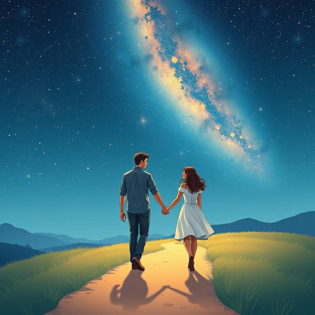 A magical and enchanting scene depicting a couple walking hand in hand along a tranquil, winding path under a stunning starry night sky