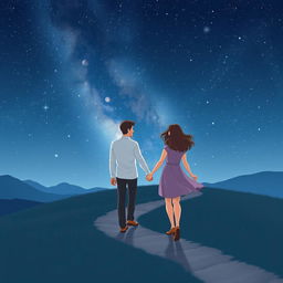 A magical and enchanting scene depicting a couple walking hand in hand along a tranquil, winding path under a stunning starry night sky